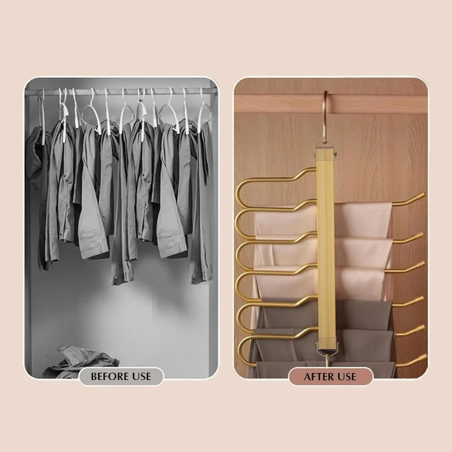 6 Tier Trouser Hangers Space Saving Foldable Holder Multi Organiser Rack Non-Slip Wardrobe Storage with Hooks for Pant Towels