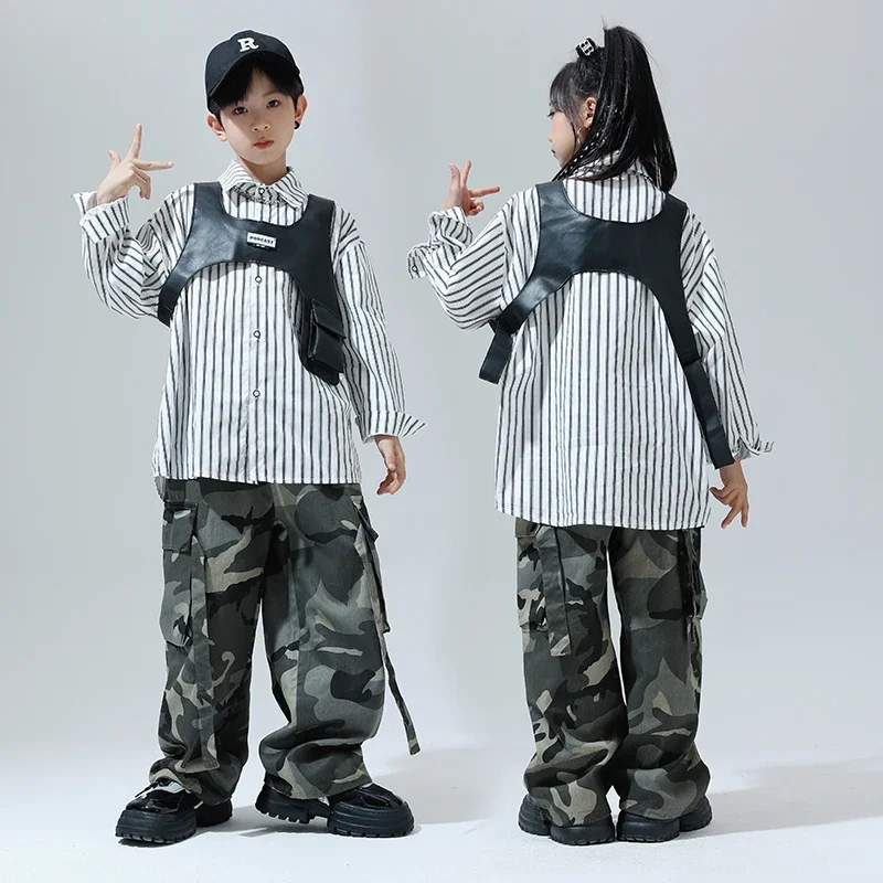 

Kids Hip Hop Clothing Sleeveless Jacket Vest Stripe Shirt Camo Cargo Pant For Girl Boy Streetwear Dance Costume Ballroom Clothes