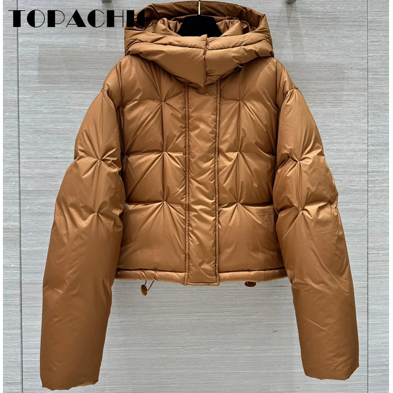 9.28 TOPACHIC Quilted Ruched Detachable Hat A Variety Of Wearing Ways Down Jacket Drawstring Hem Short Goose Down Coat Women