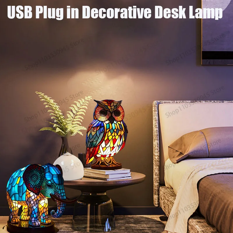 

3D Animals Table Lamp Series Resin Stained Glass Desktop Decoration Light Vintage Night Table Lamp Living Room Home Decorations