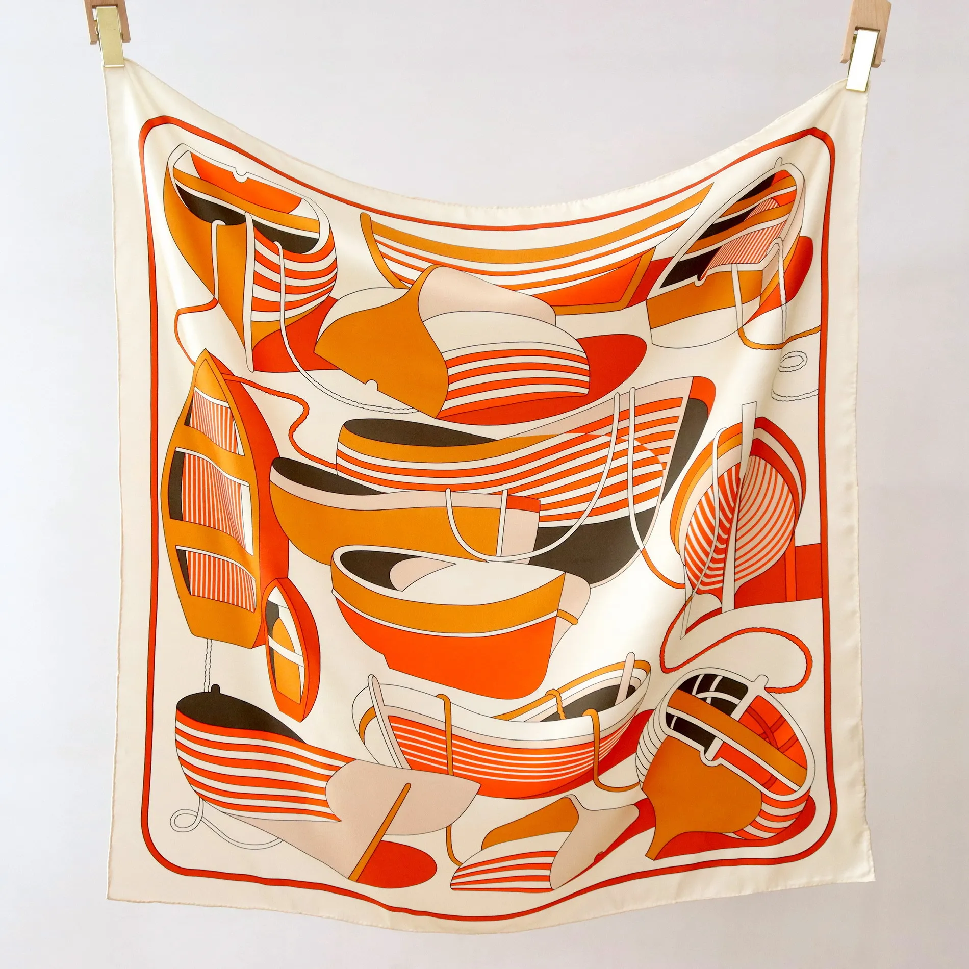 High-end Elegant Women's Exquisite Simple Boat-shaped Print Quality 14MM Twill 100% Mulberry Silk Hand-rolled Edge Large Scarf
