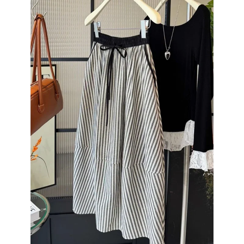 

French Retro Striped Midi Skirt Women Spring Stretch High Waist Flattering Versatile A Line Skirt