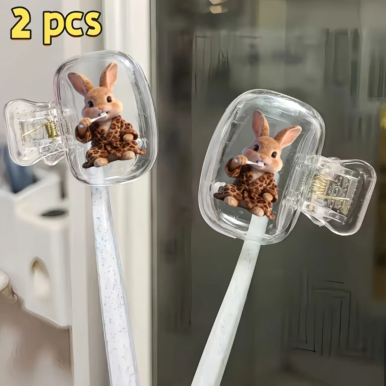 2pcs Rabbit Wearing Leopard Toothbrush Holder Clip Household Portable Travel Essential Toothbrush Cap Storage Box Holiday Gifts