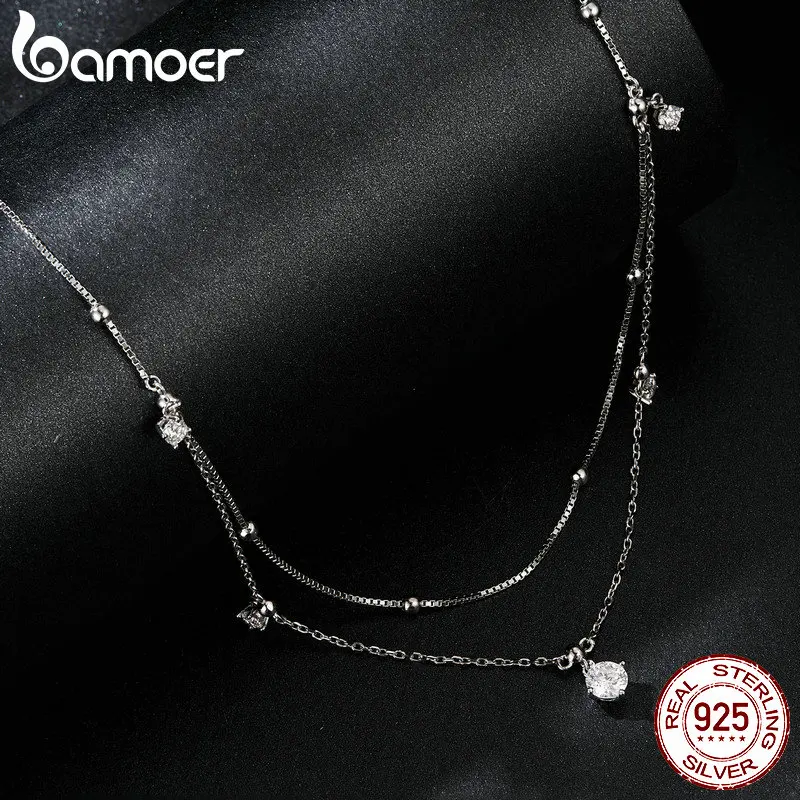 Bamoer 925 Sterling Silver Shining Luxury Tassel Moissanite Pendant Necklace Double-layer Necklace for Women Mother's Day Gift