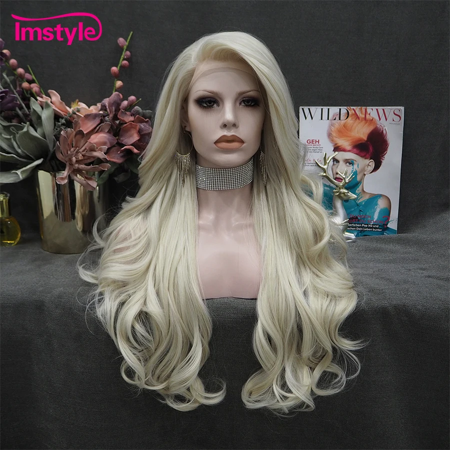 Imstyle Ash Blonde Wigs Synthetic Lace Front Wig Heat Resistant Fiber Natural Wavy Long Platinum Wigs For Women Cosplay Wig