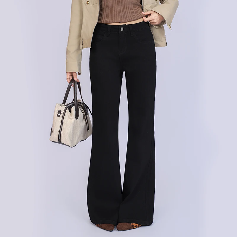 Women Spring Autumn Solid Color Flare Jeans Mid Waist Slim Fit Bootcut Denim Pants Korean Trendy Retro Wide Leg Long Trousers