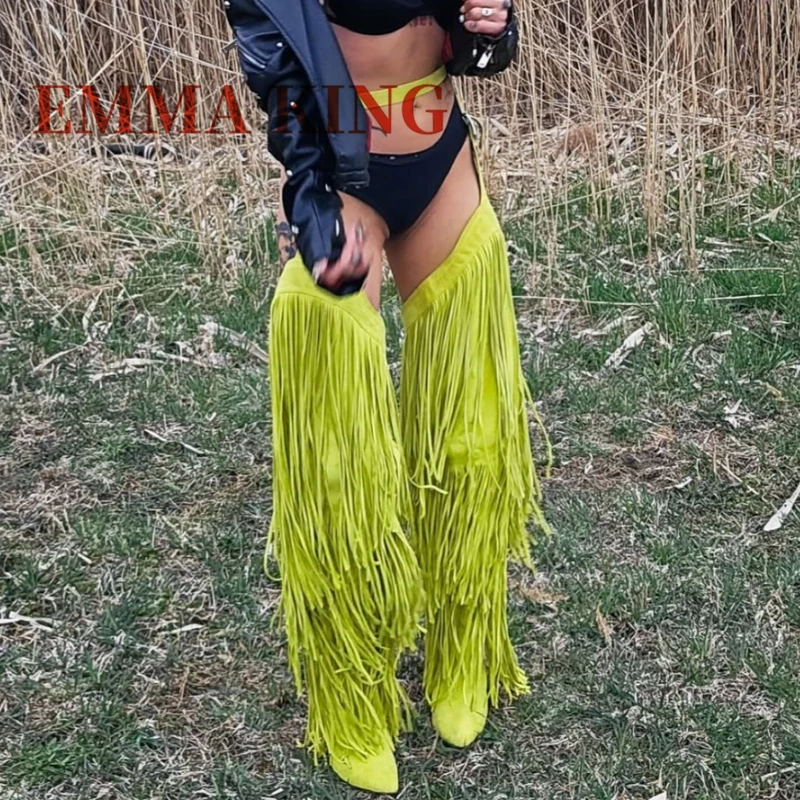 Fashion Fringe Belted Chaps Over The Knee Snakeskin Boots Women Pointed Toe Thigh High Long Tassel Boots High Heels Shoes Woman