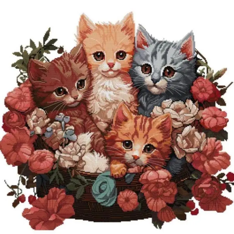 

DIY Flower Animal Patterns Four Kittens Cross Stitch Kit Aida 14CT 16CT 11CT Canvas Print Fabric Sewing Set Handmade Needlework