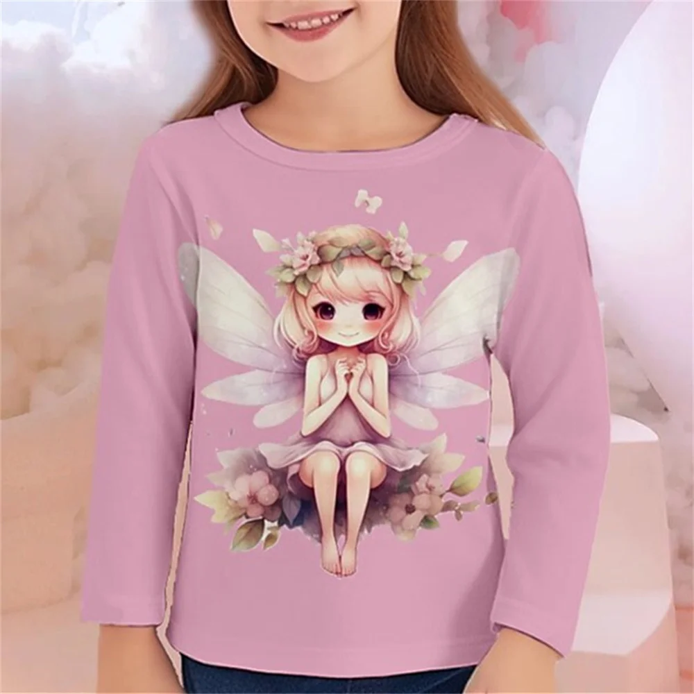 Children's Clothing Girl T-Shirt Long Sleeve Cartoon Butterfly Elf Print Kids Spring Fall Clothes Casual Outdoor Girl Clothes