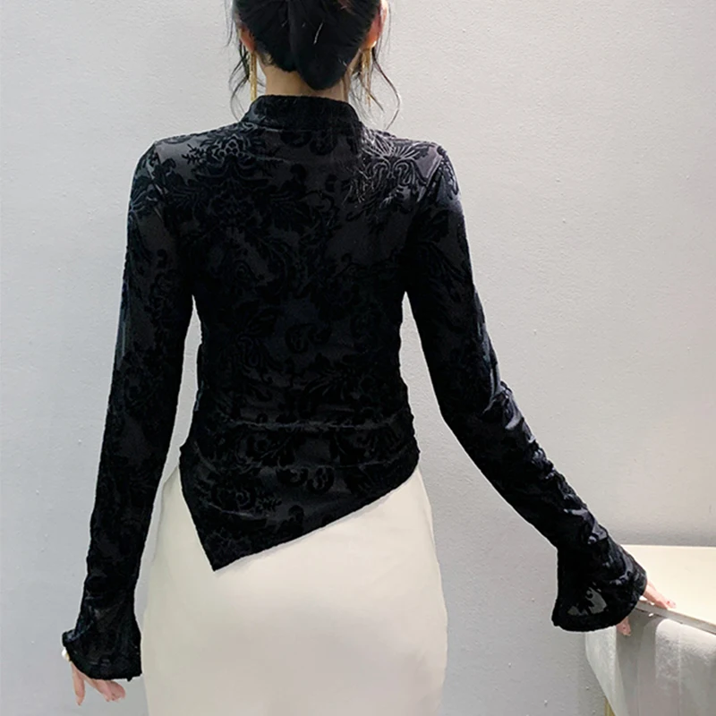 2024, nuovo, vintage, vestiti, autunno, inverno, t-shirt, sexy, supporto, patchwork, scavato, tessuto jacquard, donna, top, manica lunga, magliette, 410105