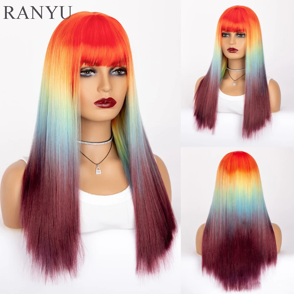 RANYU Ombre peruka syntetyczna Rainbow kolorowe peruki gradientowe prosto Lolita Cosplay włosy włókno termoodporne dla kobiet