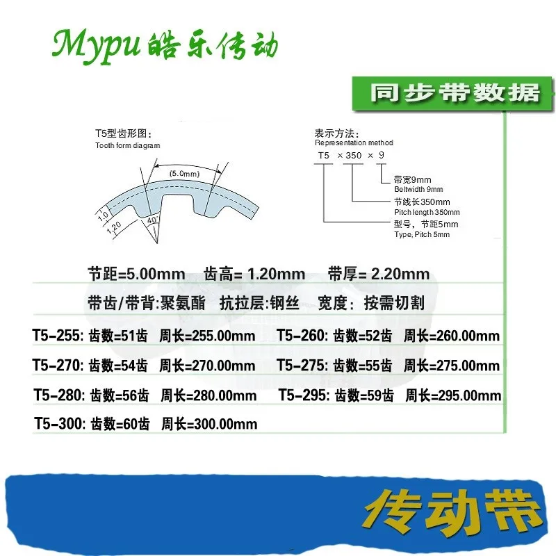 Steel wire timing belt T5-275/280/290/295/300/305/310/315/320/325/330/335/340/345/350/355/360/365