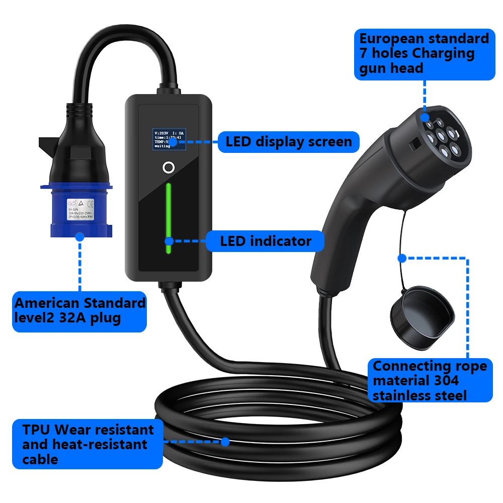 LONLINK Fit ev charger Type 2 charger  32A 1 Phase 7KW Max with 3/5 PIN CEE Plug Compatible with Tesla EV Fit For VW ID Car