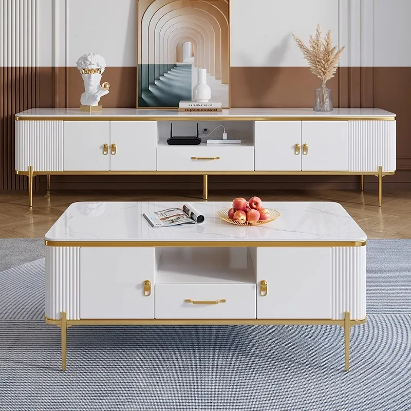 Modern Luxury Marble Wooden Floating TV Cabinet and Coffee Table Set, Living Room Multifunctional Furniture Decoration Design