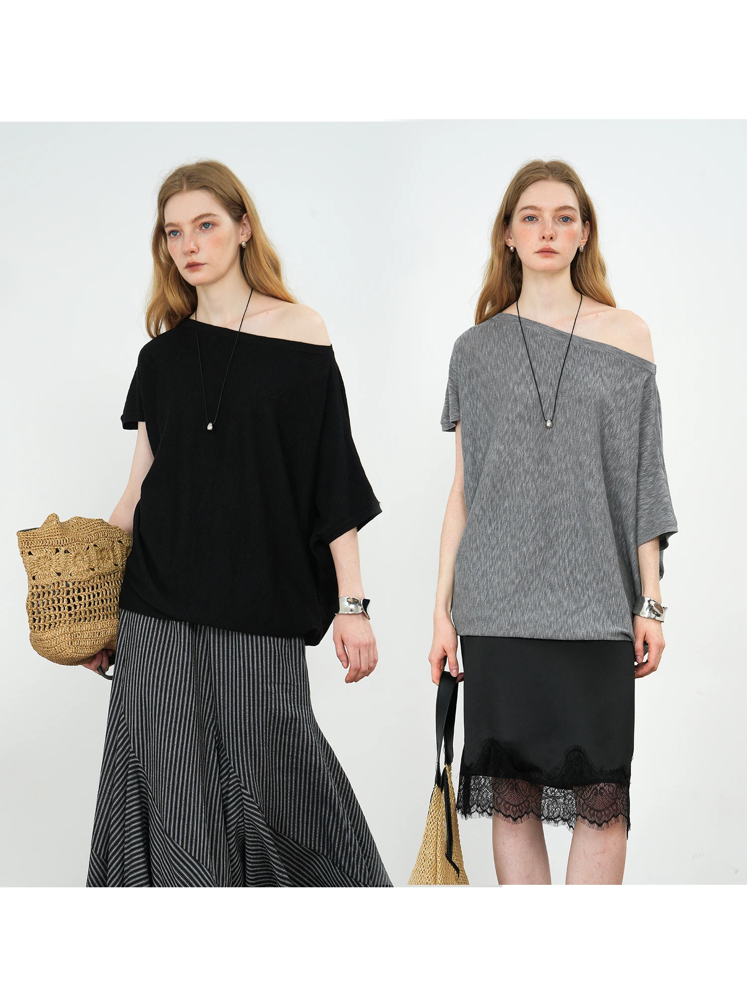 

Lightweight Soft Cozy Knitted T-irt One-oulder Slant Design Elastic Hem round Ne ort Sve Women's Summer Top