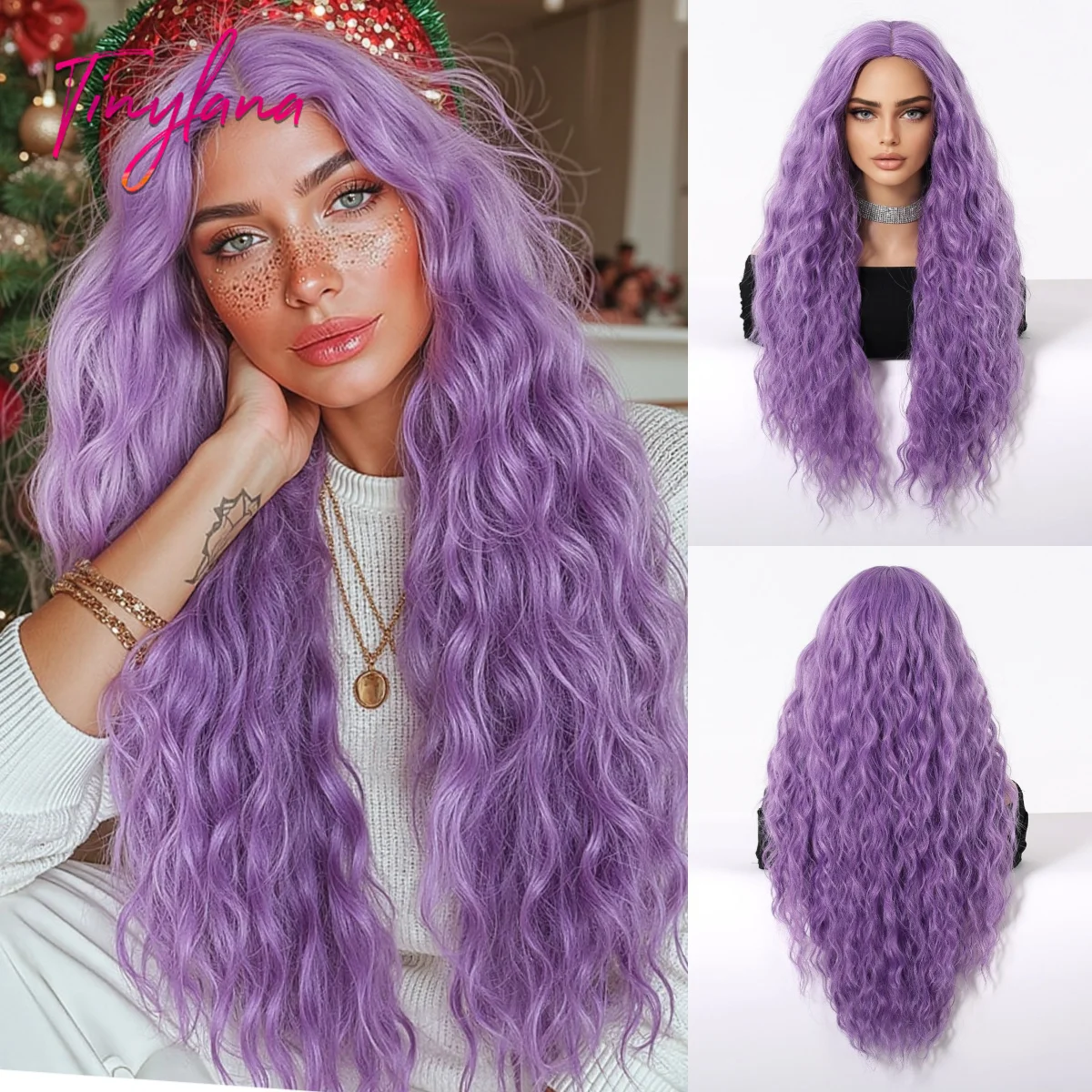 Long Purple Curly Wave Synthetic Wigs for Women Middle Part Christmas Cosplay Colorful Daily Natural Hair Wig Use Heat Resistant
