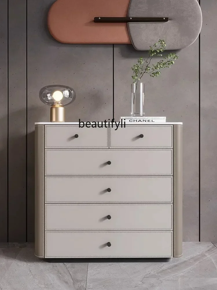 A32 C Italian minimalist saddle leather chest of drawers living room bedroom storage cabinet modern slate solid wood storage cab