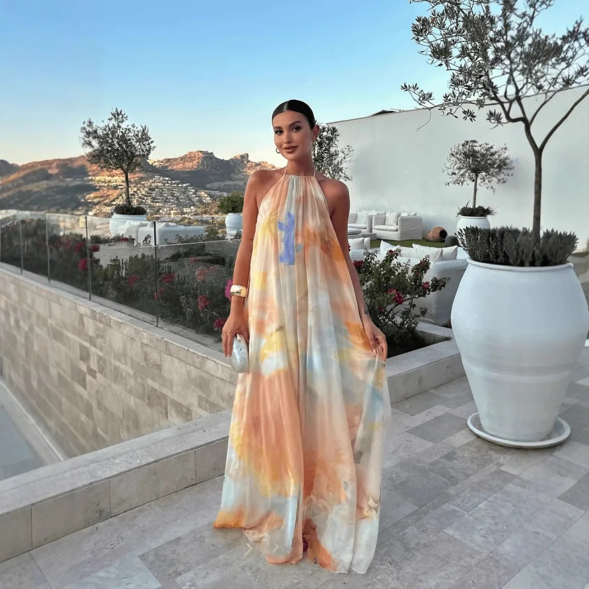 

Women's Fashion Printed Loose Halter Backless Maxi Dress Casual Vacation Beach Long Dress