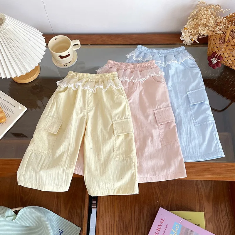 

Girls Spring straight-leg Pants Lace Big Pocket Girls' Casual cargo Pants2-6Y