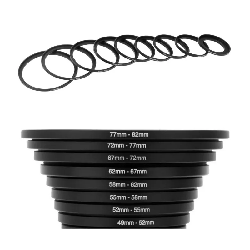 1PCS 49-52mm 52-55mm 55-58mm 58-62mm 62-67mm 67-72mm 72-77mm 77-82mm 46-48mm 43-46mm Metal Step Up Rings Lens Adapter Filter Set