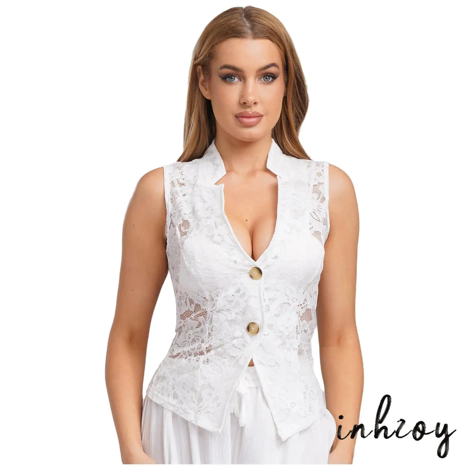 

Womens See Through Floral Lace Vest V Neck Button-up Tank Tops Slim Fit Blouses Shirts Nightclub Bouquet Waistcoat Bar Partywear