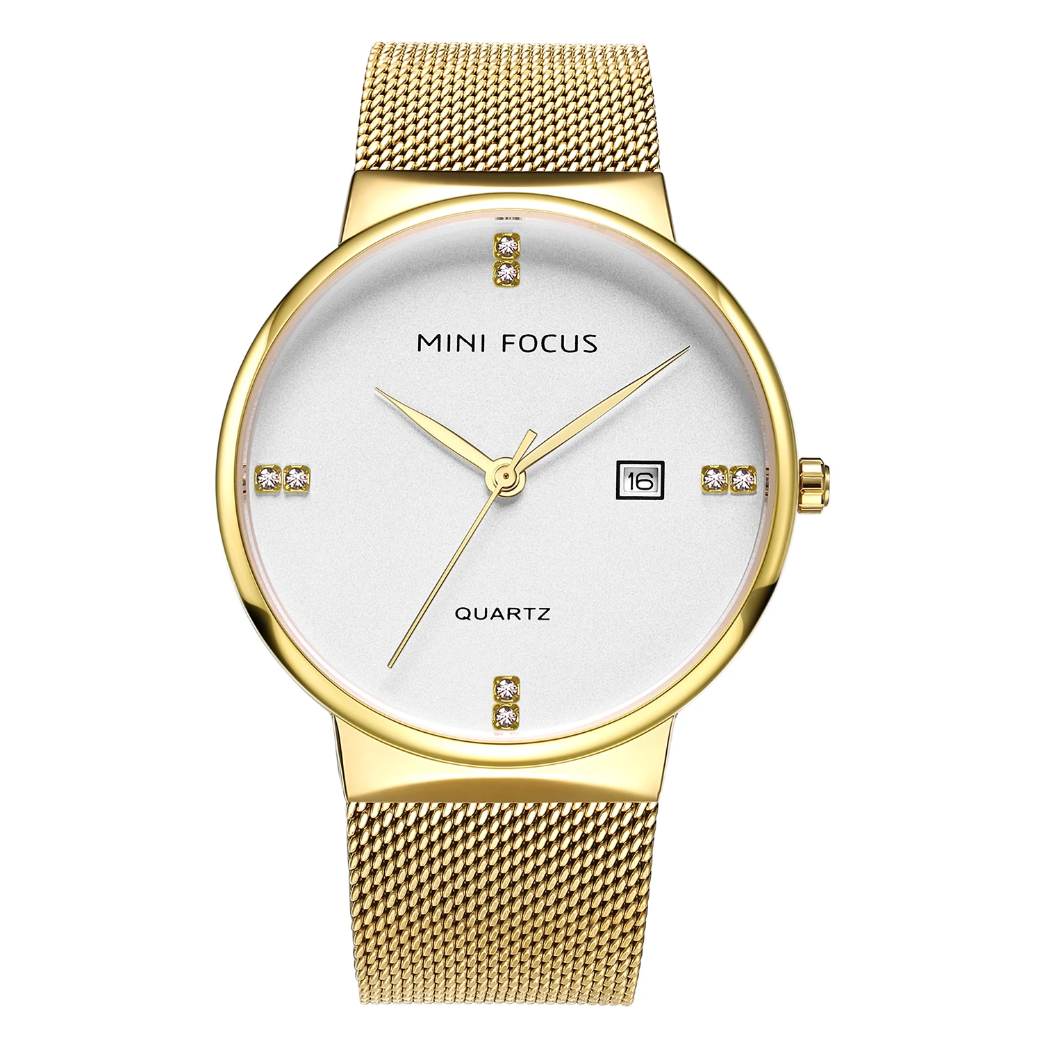 Mini Focus MF0181G Men Luxury Watch Gold Mesh Stainless Steel Band Waterproof Calendar Stylish Quartz Watches