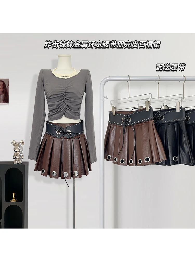 

Women Coffee Leather Pleated Skirt Y2k A-Line Mini Skirts Harajuku Vintage Aesthetic Punk Skirt Emo 2000s Trashy Clothes Summer