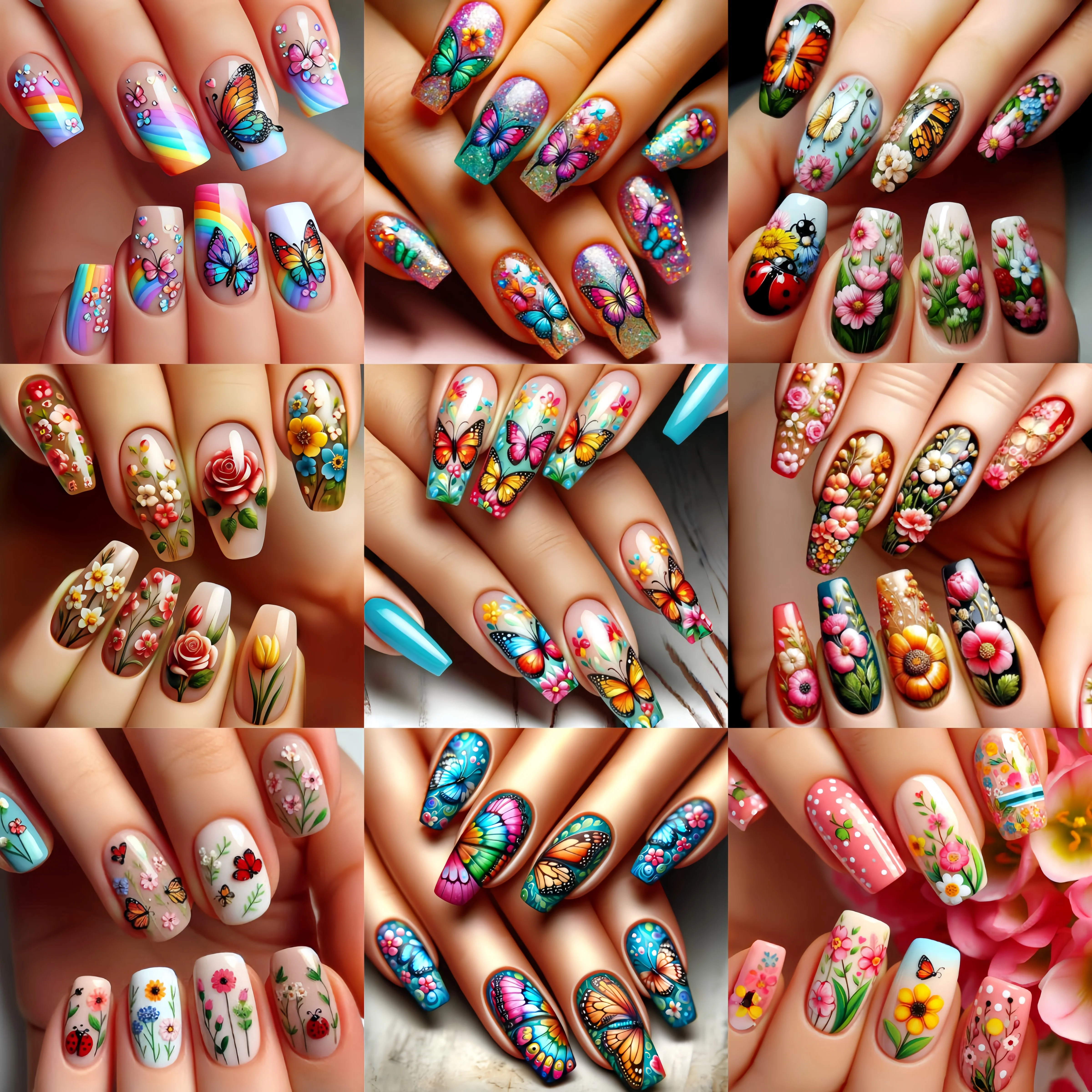 

216 pieces of New Year's new style nail art set, spring and summer new style butterfly flower pattern nail art patches, shiny mu