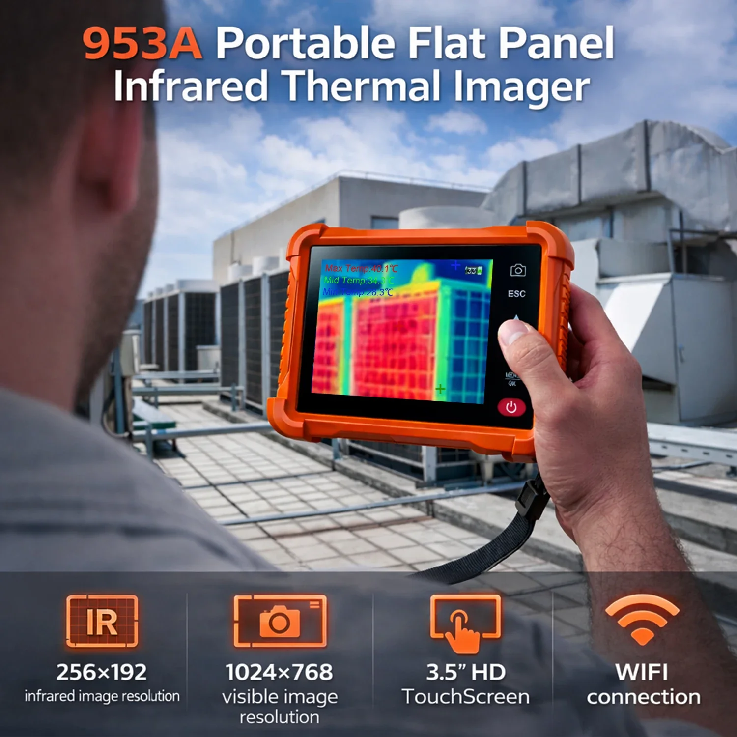 Flat Panel Thermal Imager 256x192 IR Resolution, WiFi APP, -20-550C, 10 Color Pallets, 8GB Storage for Industrial Inspection