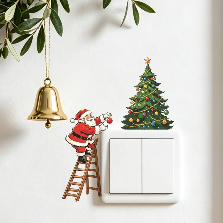 Weihnachtsmann klettert die Treppe hinauf Weihnachtsbaum Schalteraufkleber Raumdekoration Wandbild Neujahrs-Steckdosendekor Selbstklebende Wandaufkleber – Detail 5