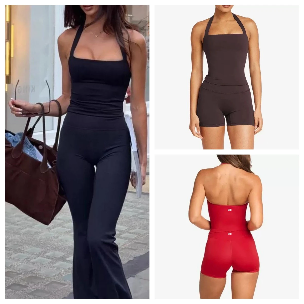 C-B Womens Halter Square Neck Sports Tank Top High Waist Butt Lifting Biker Shorts Gym Workout Fitness Activewear Clothing