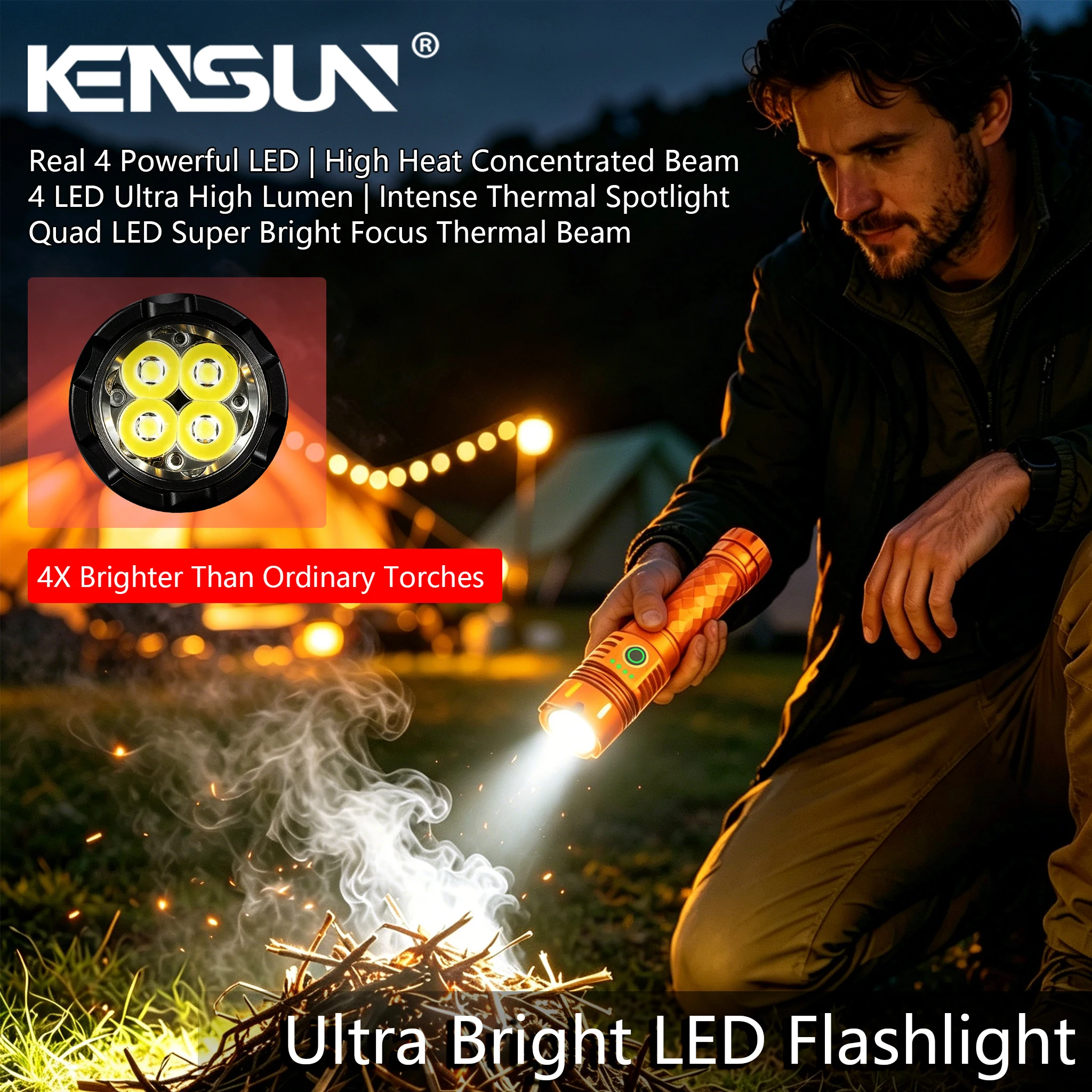 4 Powerful Quad LED Super Bright Tactical Flashlight USB Recharge Fixed Intense Beam Torch Outdoor Camping Hiking Emergency Lamp