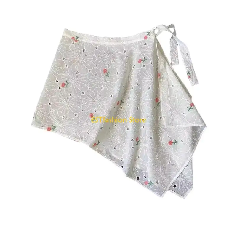 Y5GC Aesthetic Embroidery Flower Layered Hip Covering Mini Wrap Skirt Underskirt Apron Skirt Bandage Shirt Extender for Women