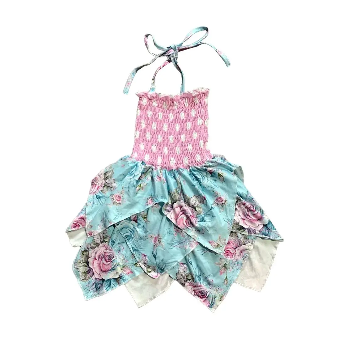 

Flower Print Green Petal Skirt Pink Sling Knee Length Dress Fairy Group Summer Boutique Cute Girl Clothes