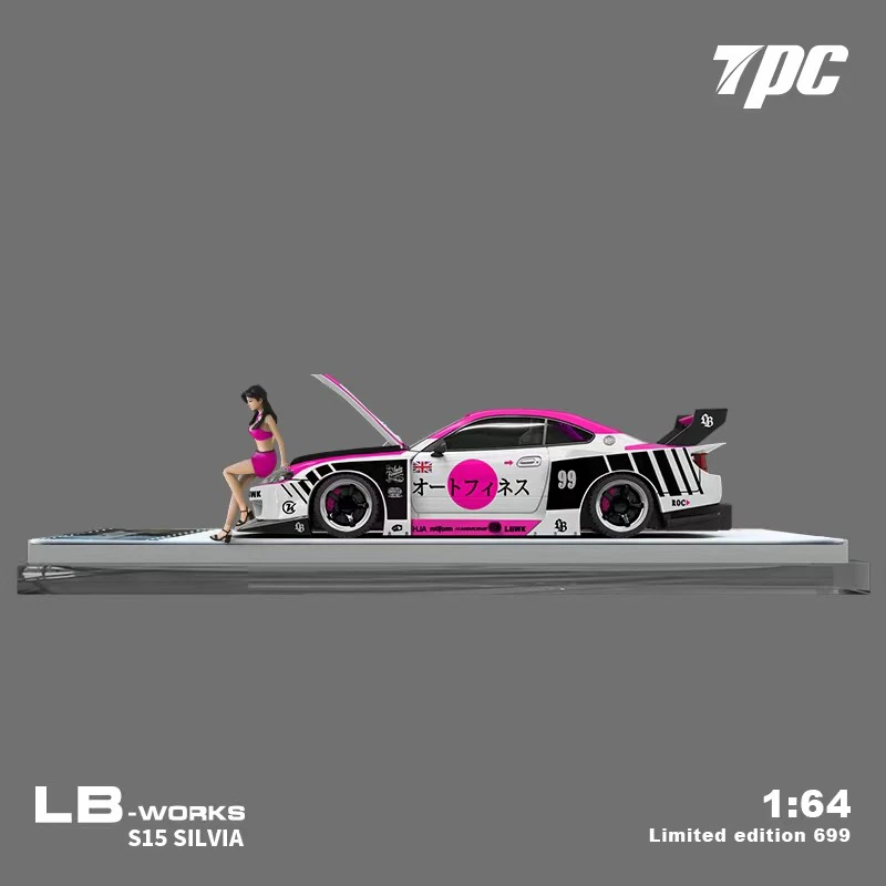 TPC-Modèle de voiture Silvia S15 LB avec capot ouvrant, super silhouette, moulé sous pression rose, collection TimeMicro, 1:64 LBWK, prévente