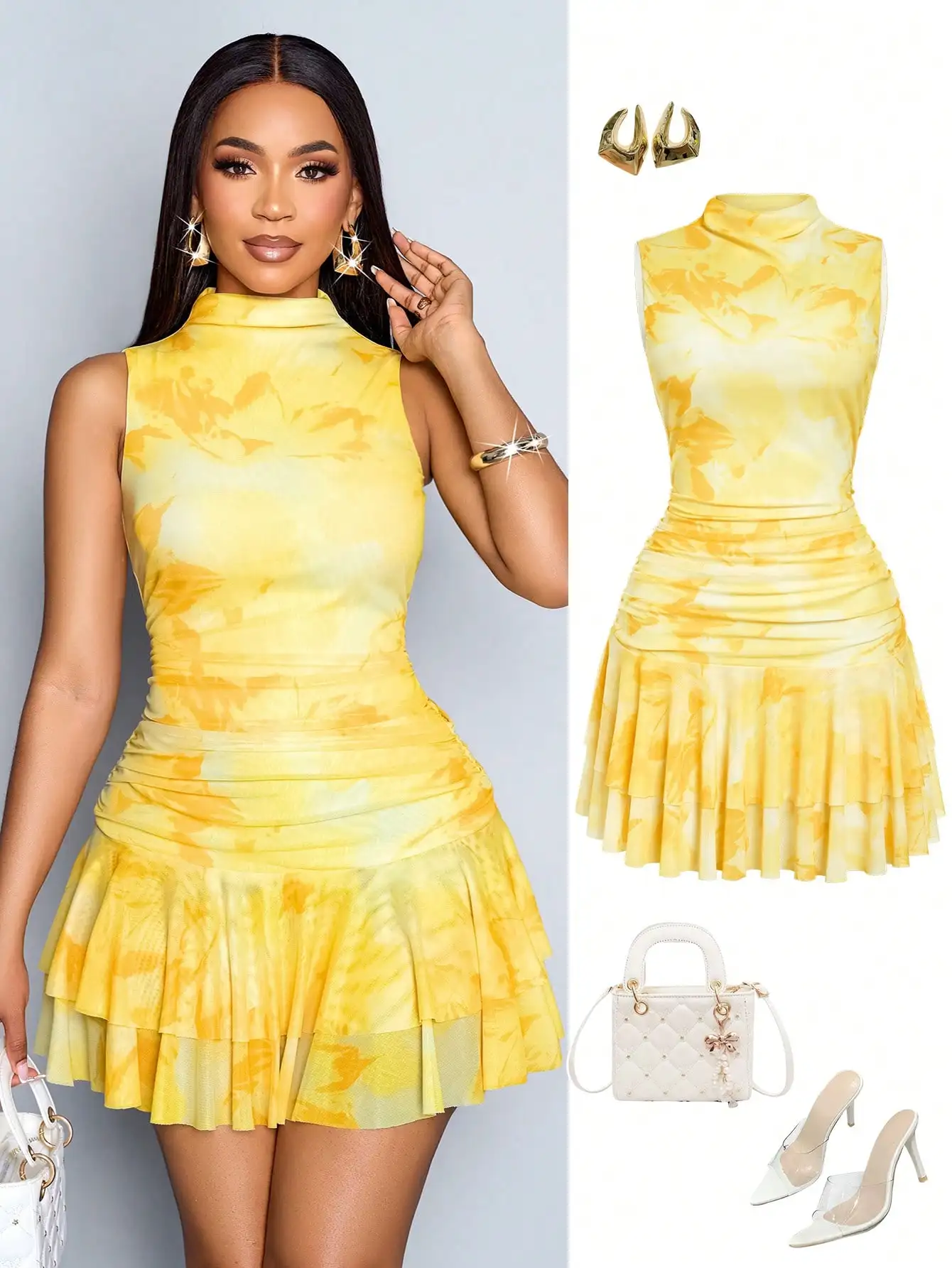 

Yellow Tie-Dye High Neck Ruched Mini Dress for Summer Party or Casual Wear