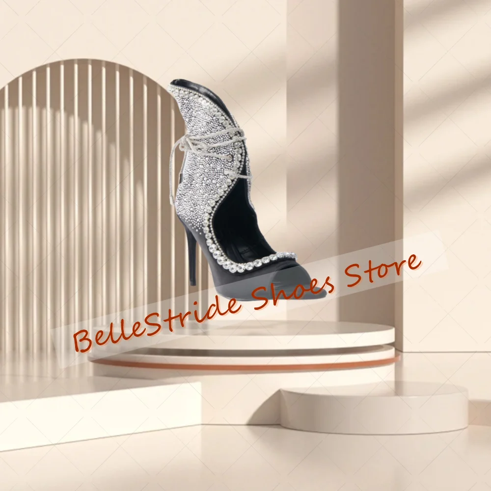 صنادل غير منتظمة من الكريستال الأسود بمقدمة مفتوحة من الجلد غير اللامع أحذية نسائية بكعب عالي رفيع للحفلات والولائم والمواعدة 2025 Zapatos Para Mujere