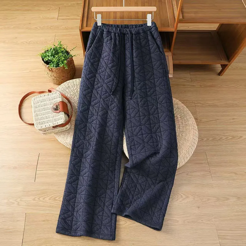 

Модные повседневные хлопковые брюки с ромбовидным узором для женщин, зимние, с эластичным поясом, теплые, прямые, для дома