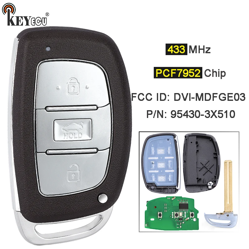 

KEYECU 433 МГц чип PCF7952 P/N: 95430-3X510 идентификатор FCC: флуоресцентный дистанционный брелок для Hyundai Elantra 2014 2015 2016