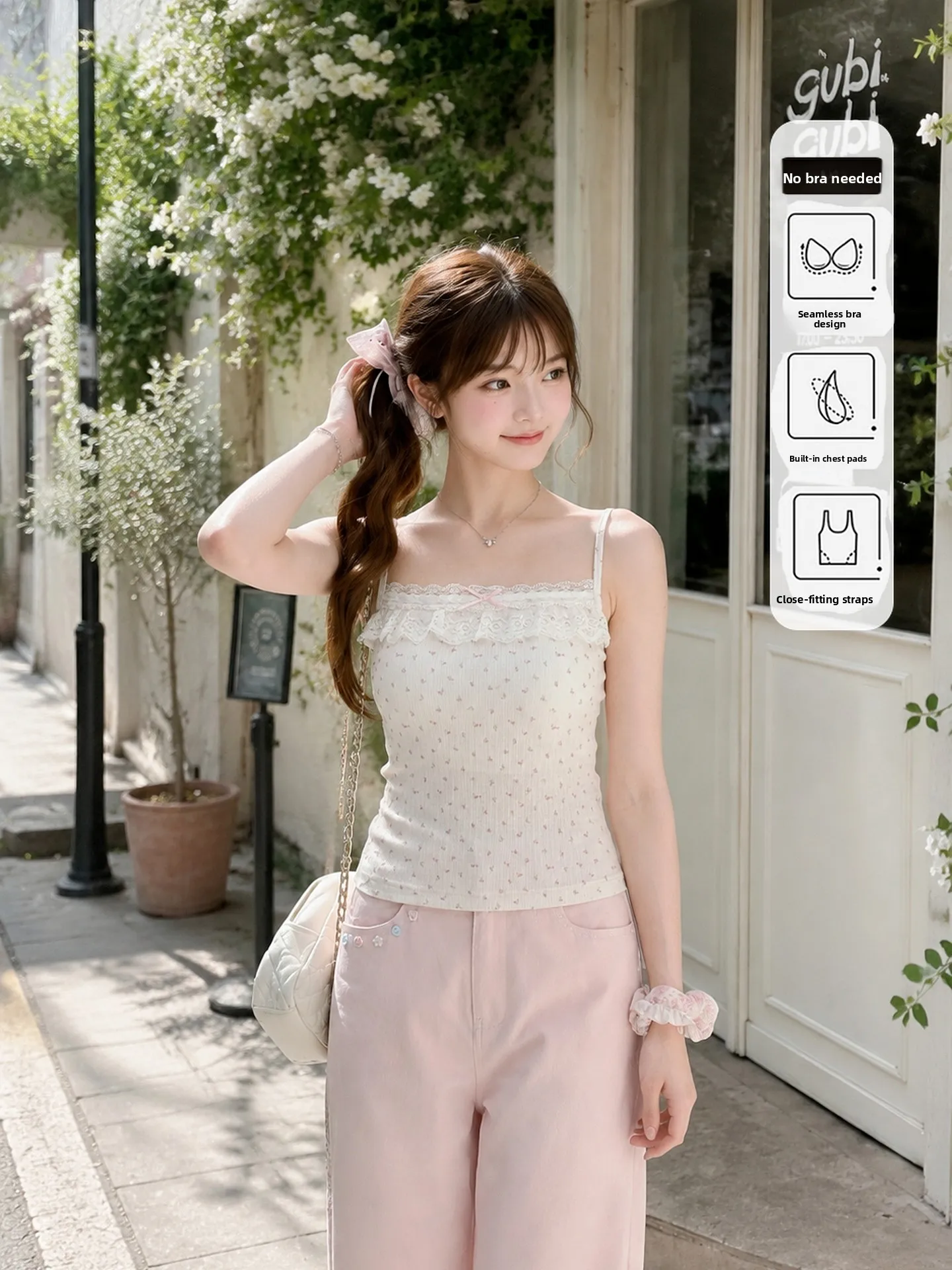 Sweet Style Slim Fit Women's Camisole Top with Chest Pad Light Pink Strap Vest Inner Wear Summer Design Sense Knot