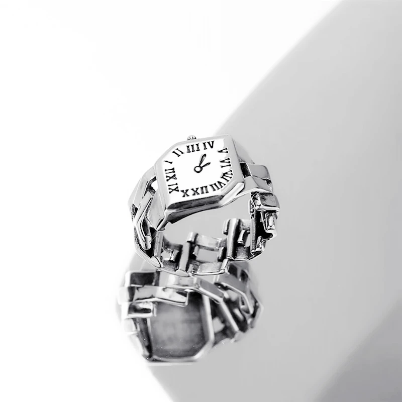 Mini Cute Watch Shape Roman Numerals 925 Sterling Silver Female Resizable Opening Rings RI654