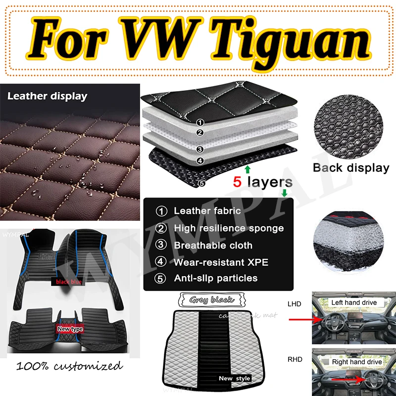 

Luxury Car Mats Floor For VW Tiguan Allspace LWB 2017~2022 7seat Leather Not Computer Box Under The Driver Seat Car Accessories