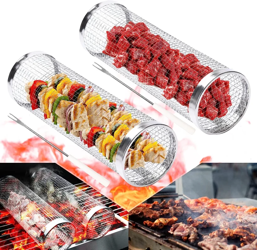 2023New Grilling BBQ Basket Stainless Steel Leakproof Mesh Barbecue Rack Outdoor Picnic Camping Simple Cylindrical BBQ Grill