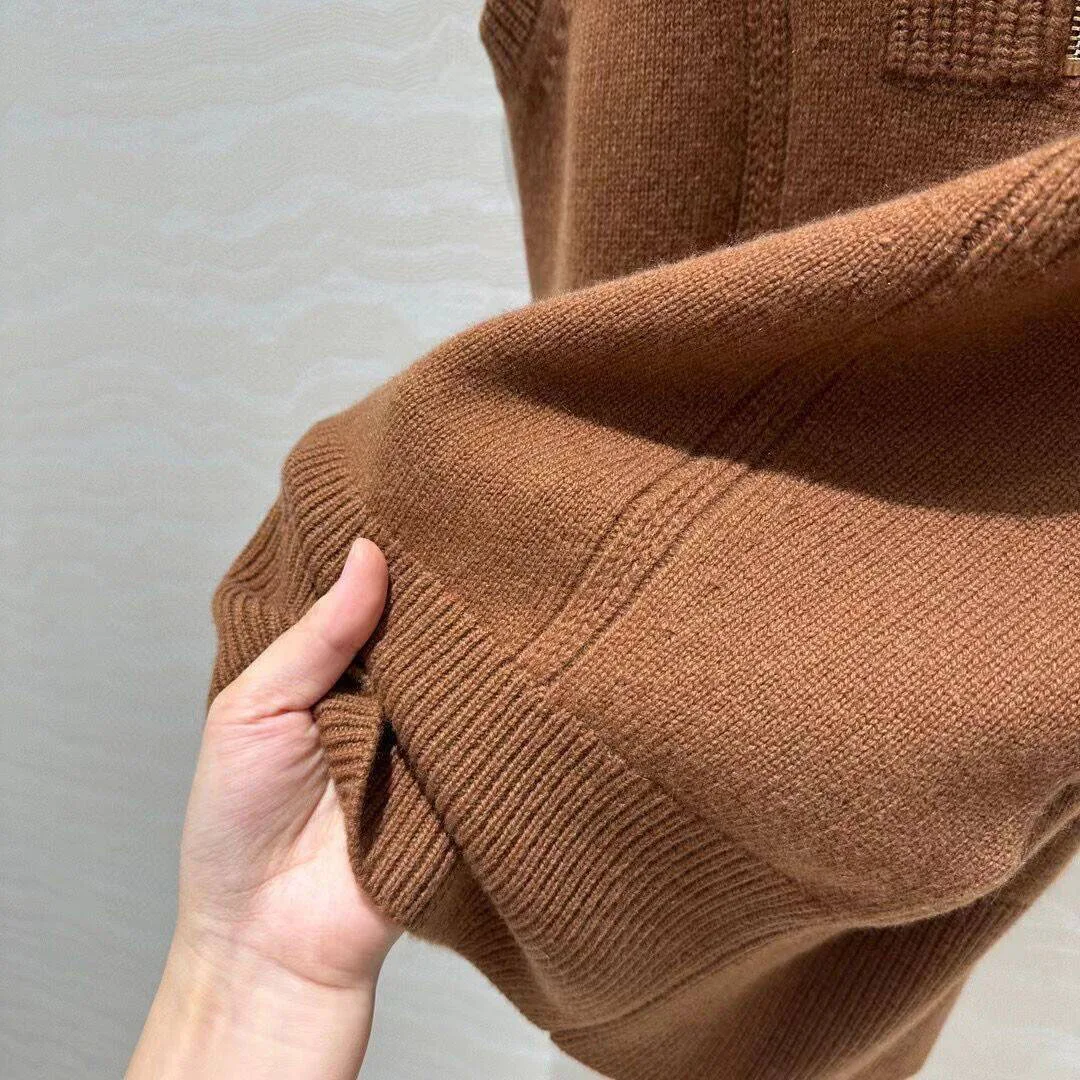 2024 New Fashion Autumn Luxury 100% Goat Cashmere Brown Knitted Tank Pullover Women Lapel Zipper Fly Sleeveless Sweater Vest