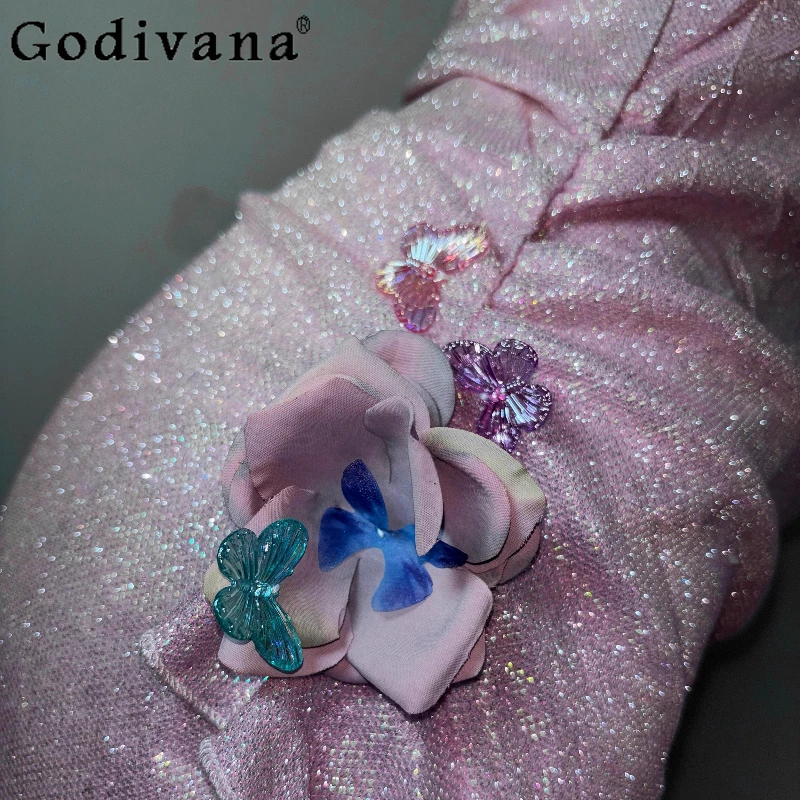 Abito rosa con fiori di ciliegio con paillettes originali Abito da principessa a coda di pesce con farfalla Abito da fata Lolita senza maniche femminile