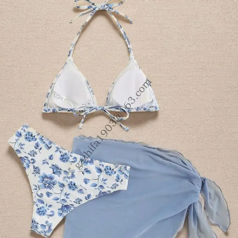 Phụ nữ mặc đồ bơi mảnh với váy che phủ bãi biển phụ nữ in đồ bơi mảnh Halterteck thong Suit .A5KC