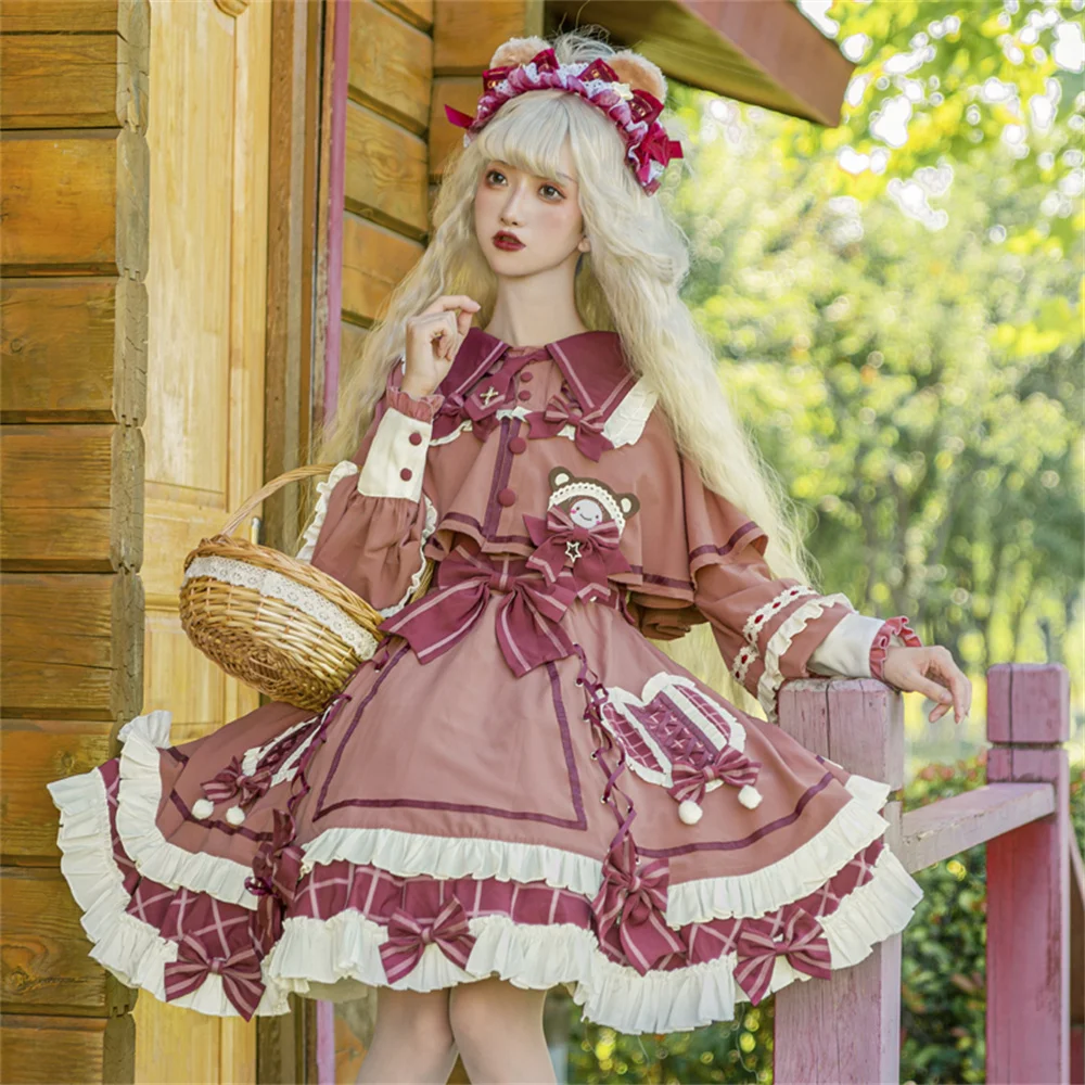 Berry Small Bear Cute Girls Laciness Big Hem Lolita Dress cinturino a vita alta reticolo Bowknot Sweet Vestidos Cosplay Lolita Jsk