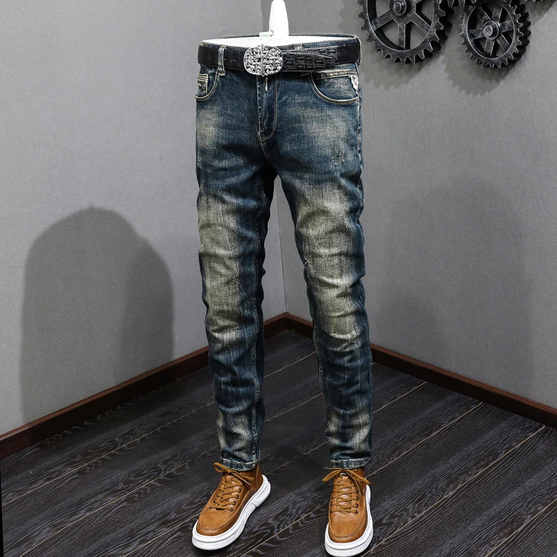 

Fashion Designer Men Jeans Retro Black Blue Elastic Slim Fit Ripped Jeans Men Frayed Stretch Trousers Vintage Casual Denim Pants