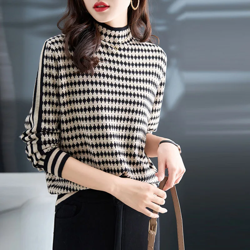 

Women Striped Pullover Sweater 2023 Autumn Winter New Fashion Half High Collar Warm Female Bottom Knitting Shirt Top Quality