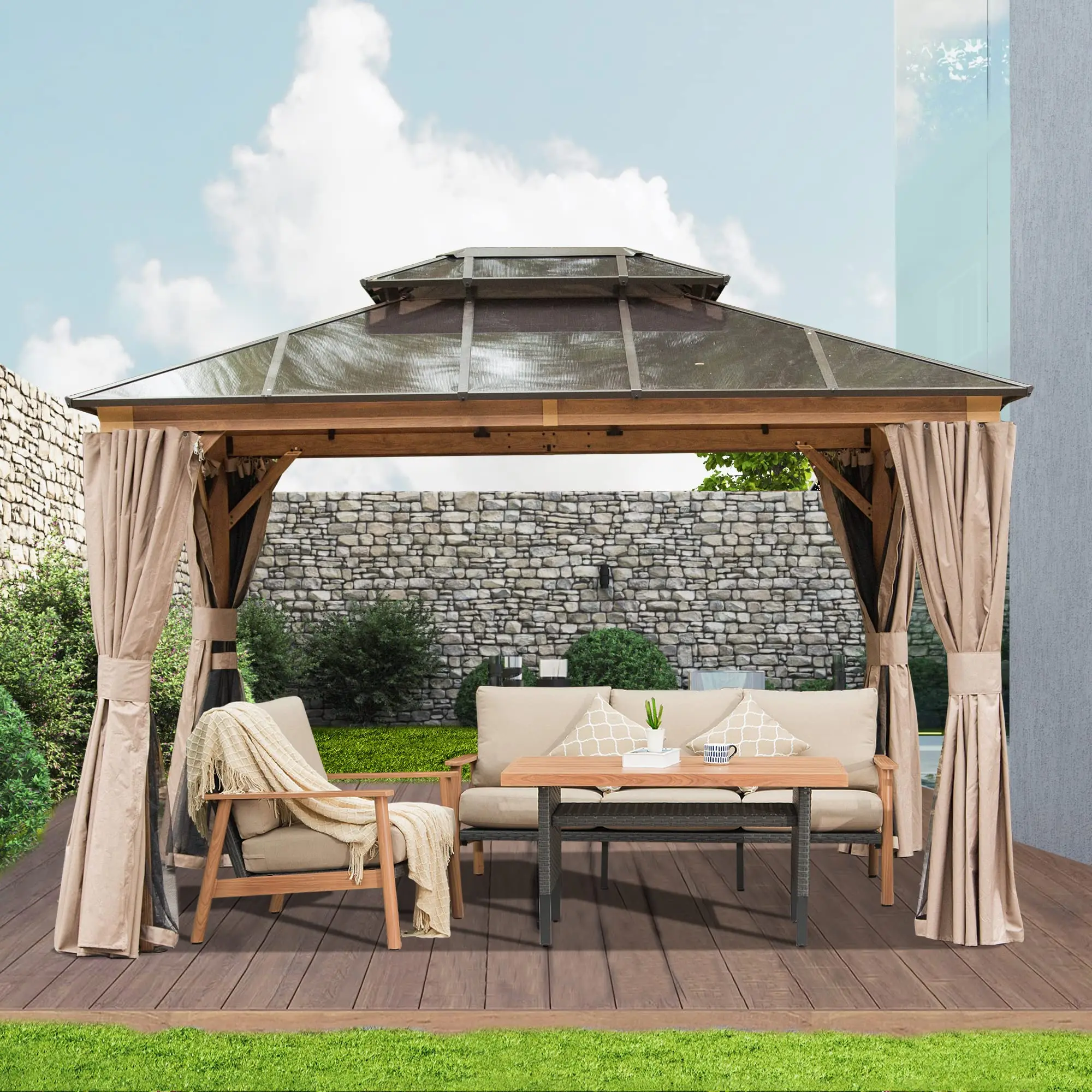 

！@Hardtop Gazebo Aluminum Frame Polycarbonate Double Roof Wooden Coated Patio Deck Lawn Canopy Outdoor Permanent Metal